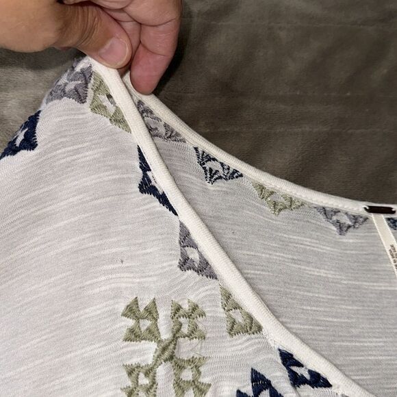 free people L Ivory Navy Peach Green Lace up Oversized Embroidered Peasant Top - Picture 13 of 14